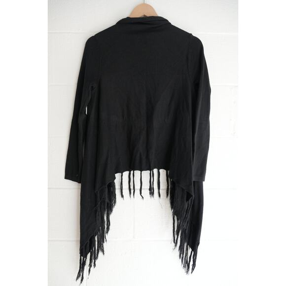 BEAR DANCE Black Fringe Hem Asymmetrical Waterfall Cardigan Size Medium - Picture 4 of 5